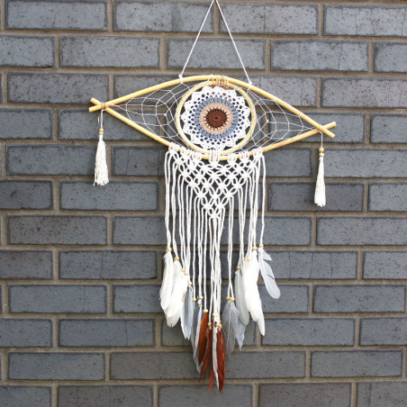 Capteur de rêves de protection - œil en macramé moyen blanc/gris/marron