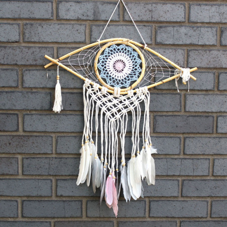 Capteur de rêves de protection - œil en macramé moyen bleu/blanc/rose