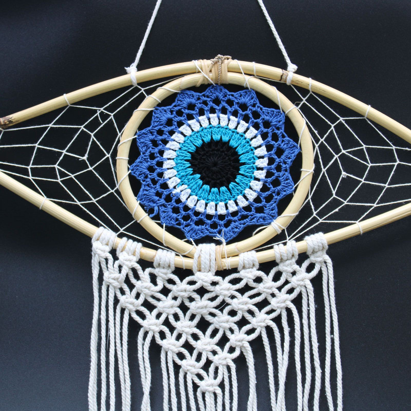 Capteur de rêves de protection - Moyen Macramé Mauvais œil Bleu/Blanc/Noir