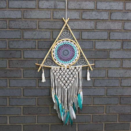 Capteur de rêves de protection - Grande pyramide en macramé blanc/turquoise