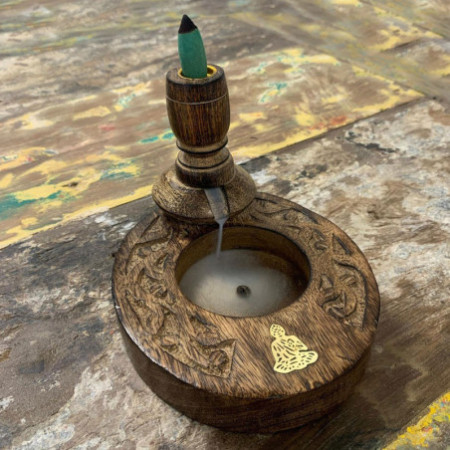 Brûleur à refoulement en bois de manguier SM - Bouddha en laiton