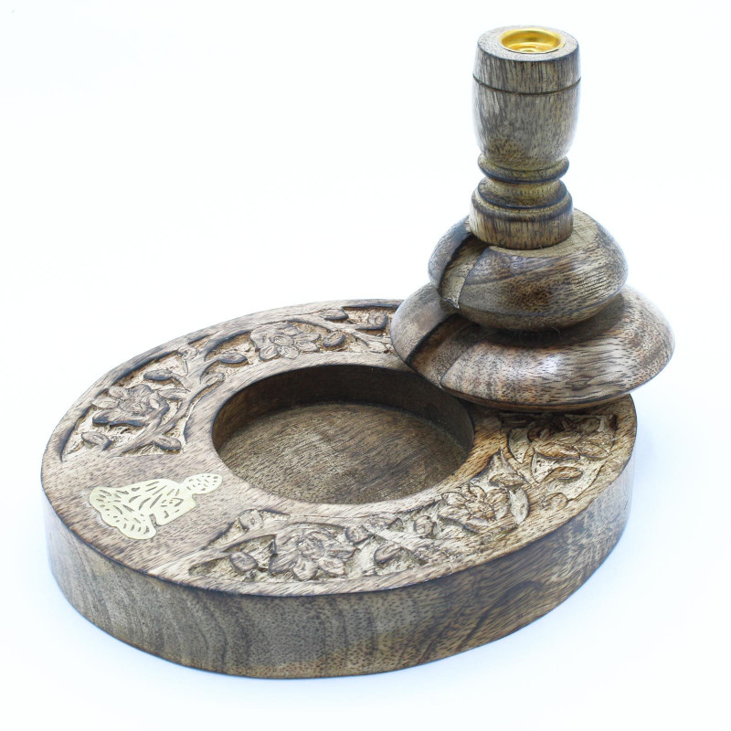 Brûleur à refoulement en bois de manguier moyen - Bouddha en laiton