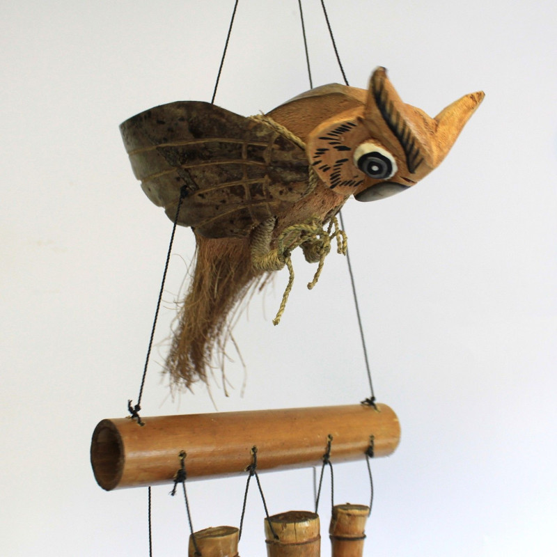 1x Carillon éolien en forme de hibou en noix de coco