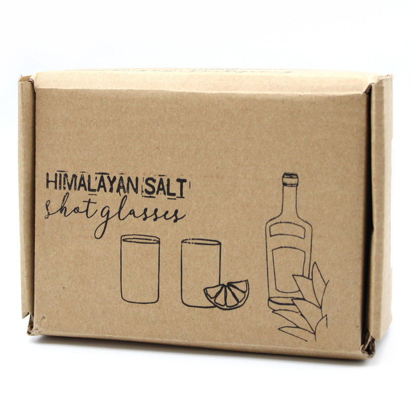 Ensemble de 2 verres à liqueur en sel de l'Himalaya et support de service en bois