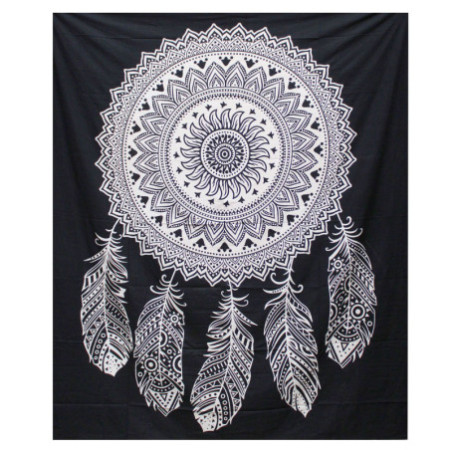 Couvre-lit double en coton noir et blanc + tenture murale - Attrape-rêves