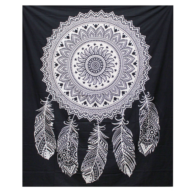 Couvre-lit double en coton noir et blanc + tenture murale - Attrape-rêves