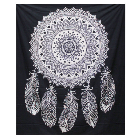 Couvre-lit double en coton noir et blanc + tenture murale - Attrape-rêves