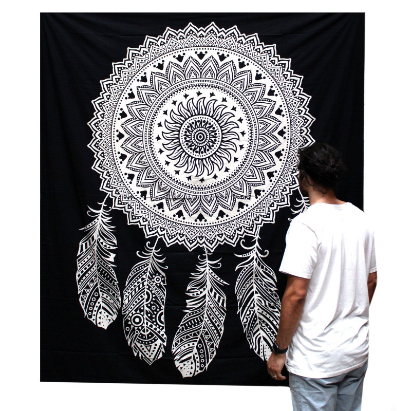 Couvre-lit double en coton noir et blanc + tenture murale - Attrape-rêves