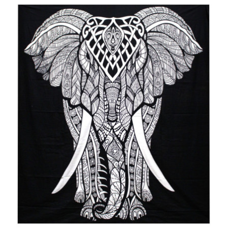 Couvre-lit double en coton noir et blanc + tenture murale - Éléphant