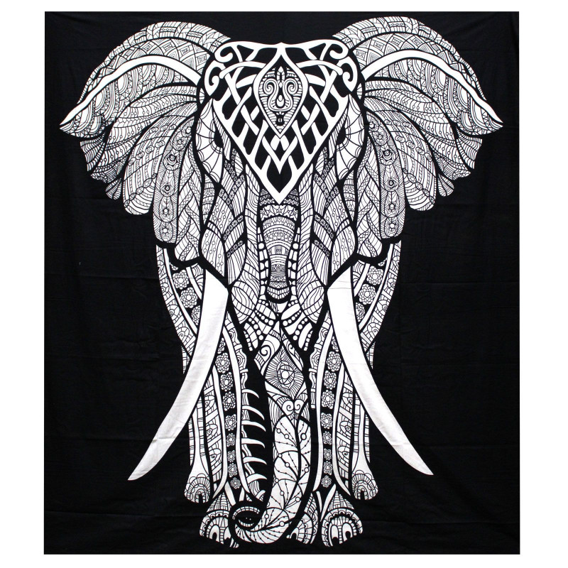 Couvre-lit double en coton noir et blanc + tenture murale - Éléphant