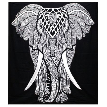 Couvre-lit double en coton noir et blanc + tenture murale - Éléphant