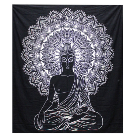 Couvre-lit double en coton noir et blanc + tenture murale - Bouddha