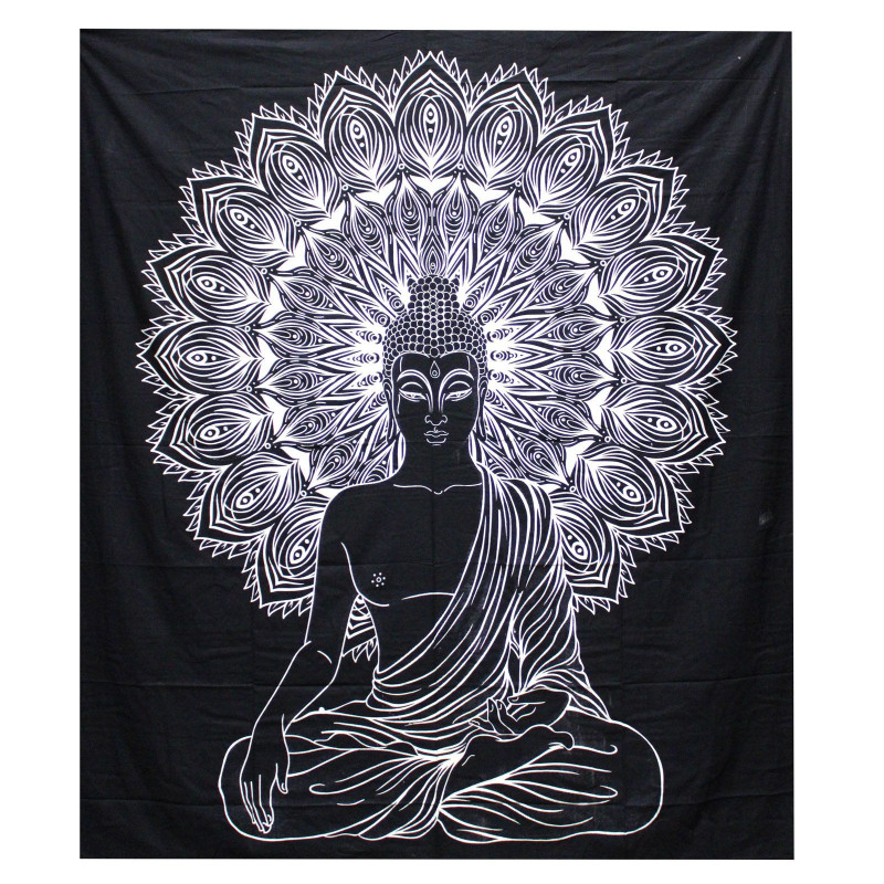 Couvre-lit double en coton noir et blanc + tenture murale - Bouddha