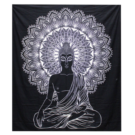 Couvre-lit double en coton noir et blanc + tenture murale - Bouddha