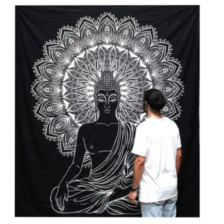 Couvre-lit double en coton noir et blanc + tenture murale - Bouddha