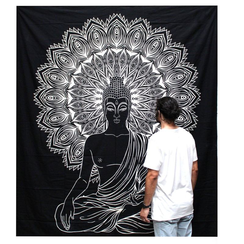 Couvre-lit double en coton noir et blanc + tenture murale - Bouddha