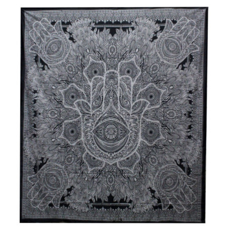Couvre-lit double en coton noir et blanc + tenture murale - Hamsa