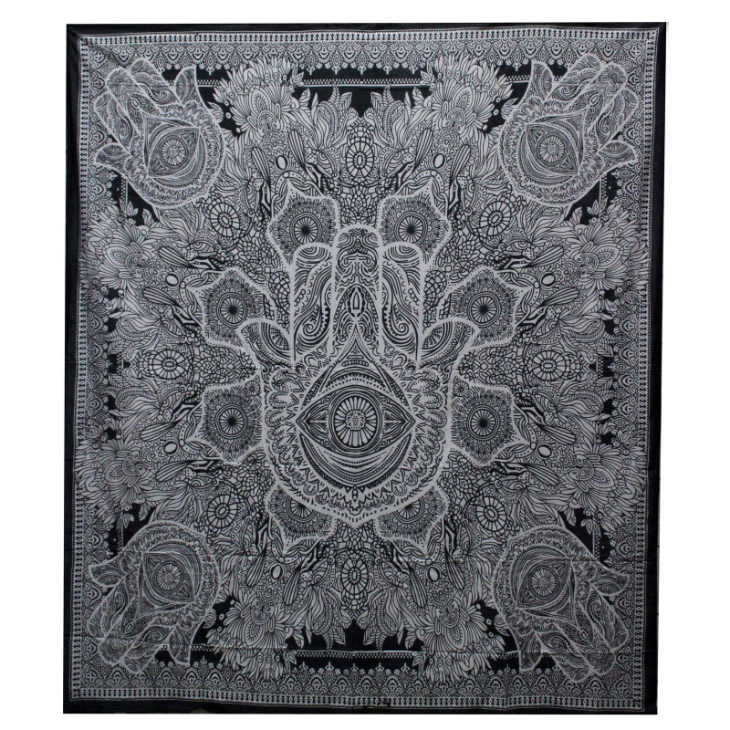 Couvre-lit double en coton noir et blanc + tenture murale - Hamsa