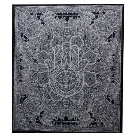Couvre-lit double en coton noir et blanc + tenture murale - Hamsa