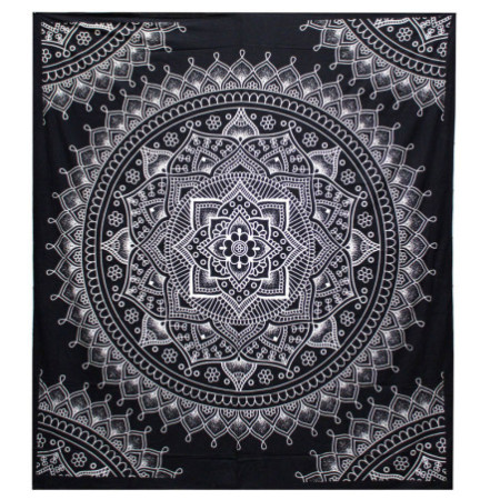 Couvre-lit double en coton noir et blanc + tenture murale - Fleur de lotus