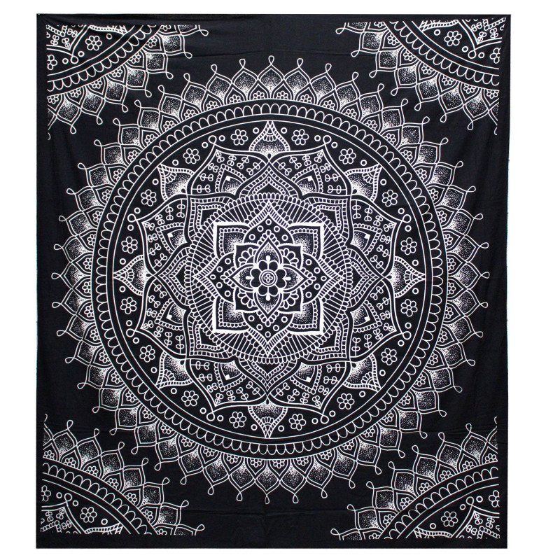 Couvre-lit double en coton noir et blanc + tenture murale - Fleur de lotus