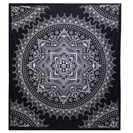 Couvre-lit double en coton noir et blanc + tenture murale - Fleur de lotus