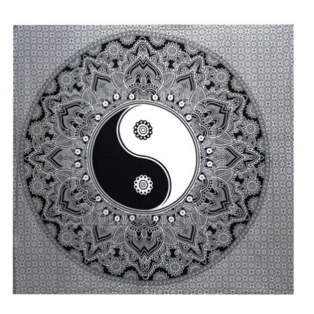 Couvre-lit double en coton noir et blanc + tenture murale - Ying yang