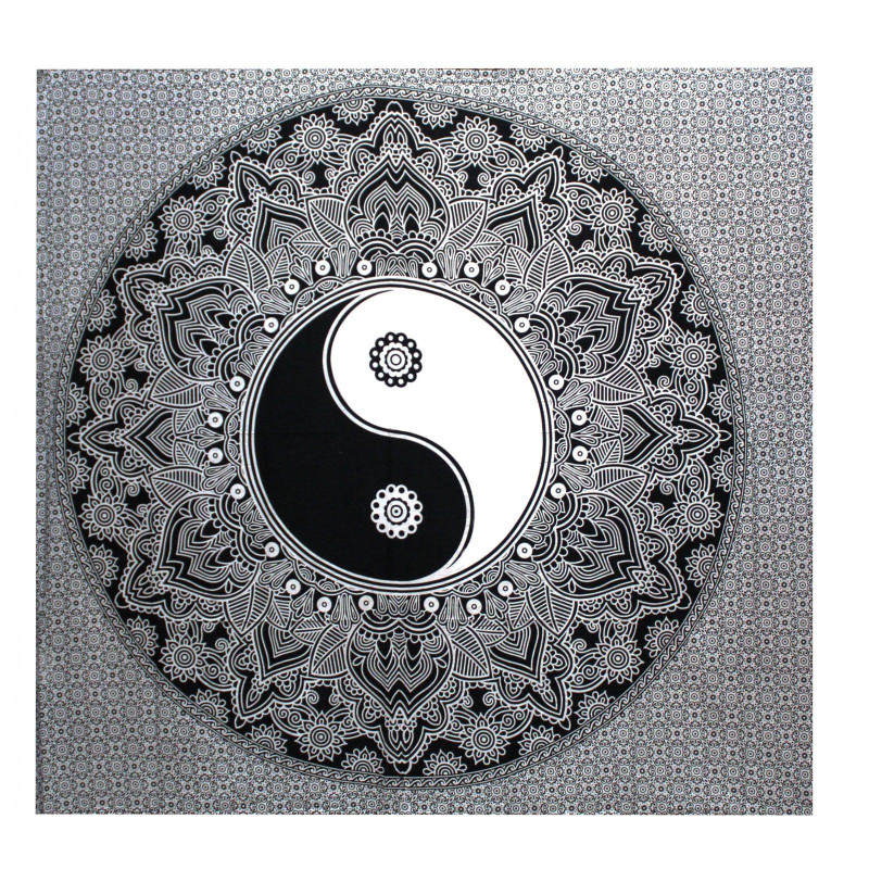 Couvre-lit double en coton noir et blanc + tenture murale - Ying yang