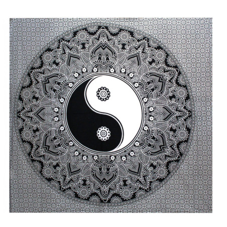 Couvre-lit double en coton noir et blanc + tenture murale - Ying yang