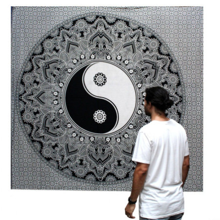 Couvre-lit double en coton noir et blanc + tenture murale - Ying yang