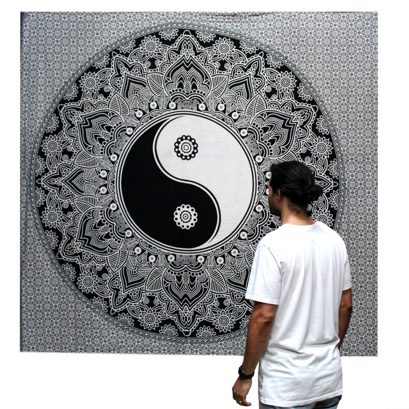 Couvre-lit double en coton noir et blanc + tenture murale - Ying yang