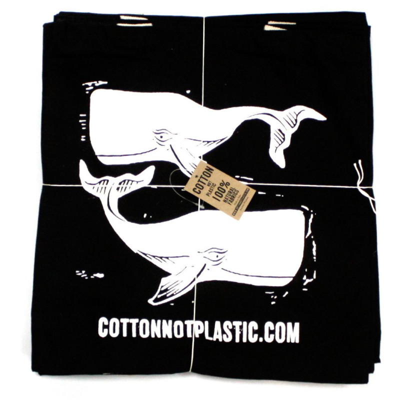 Grand sac en coton noir 8 oz 38 x 42 cm - BALEINES - BLANC